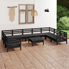 10 Piece Garden Lounge Set Black Solid Wood Pine