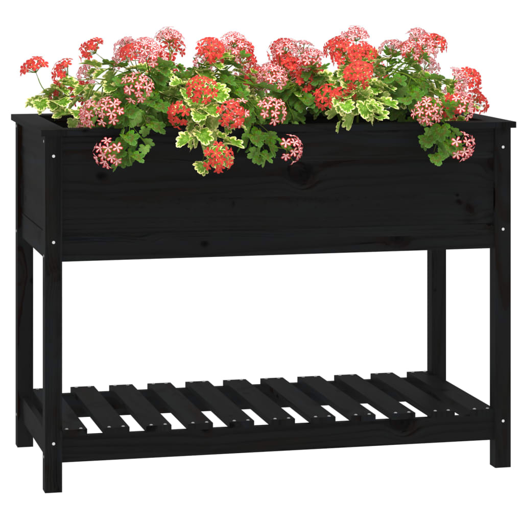 Planter with Shelf Black 111.5x54x81 cm Solid Wood Pine