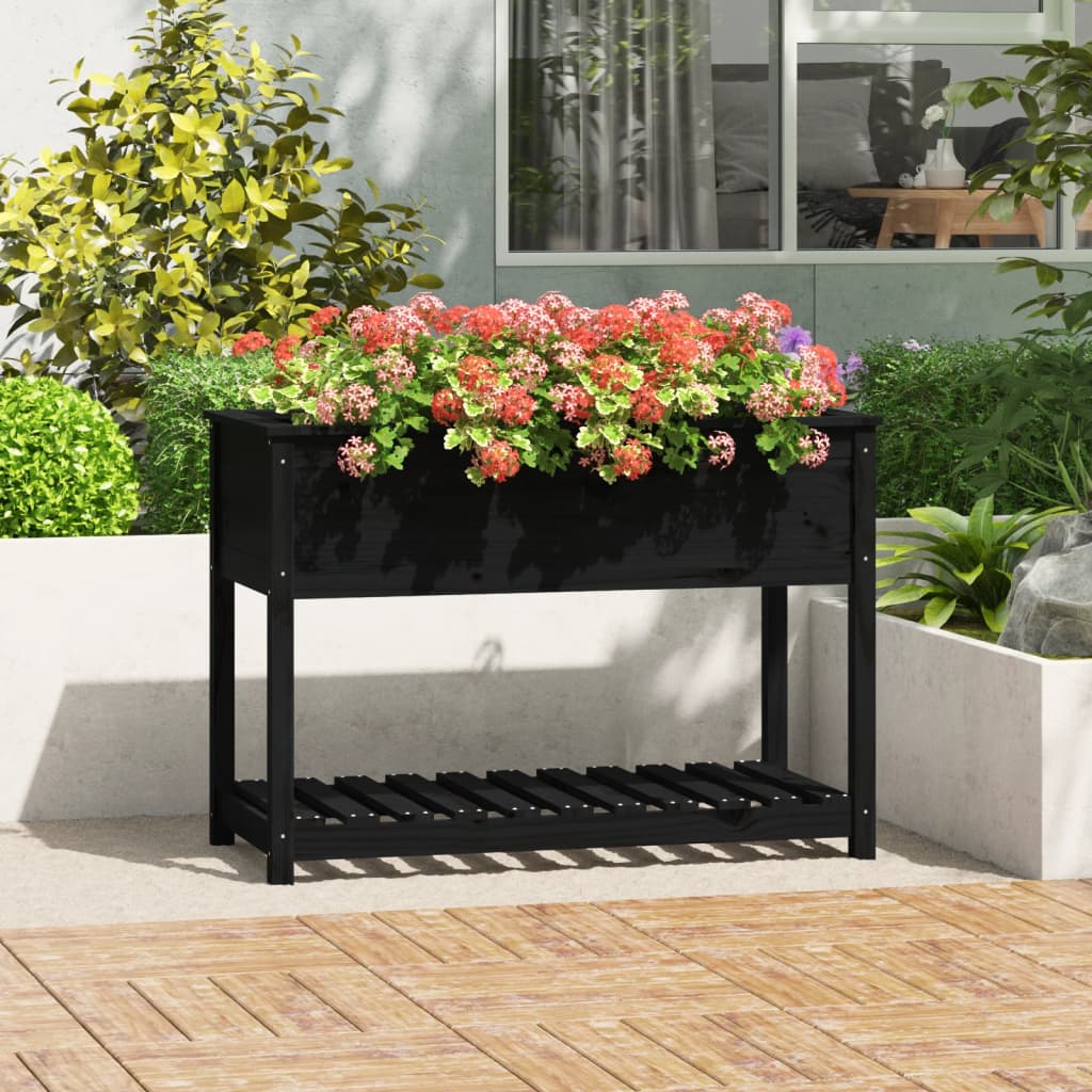 Planter with Shelf Black 111.5x54x81 cm Solid Wood Pine