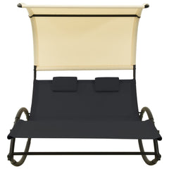 Double Sun Lounger with Canopy Textilene Black and Cream