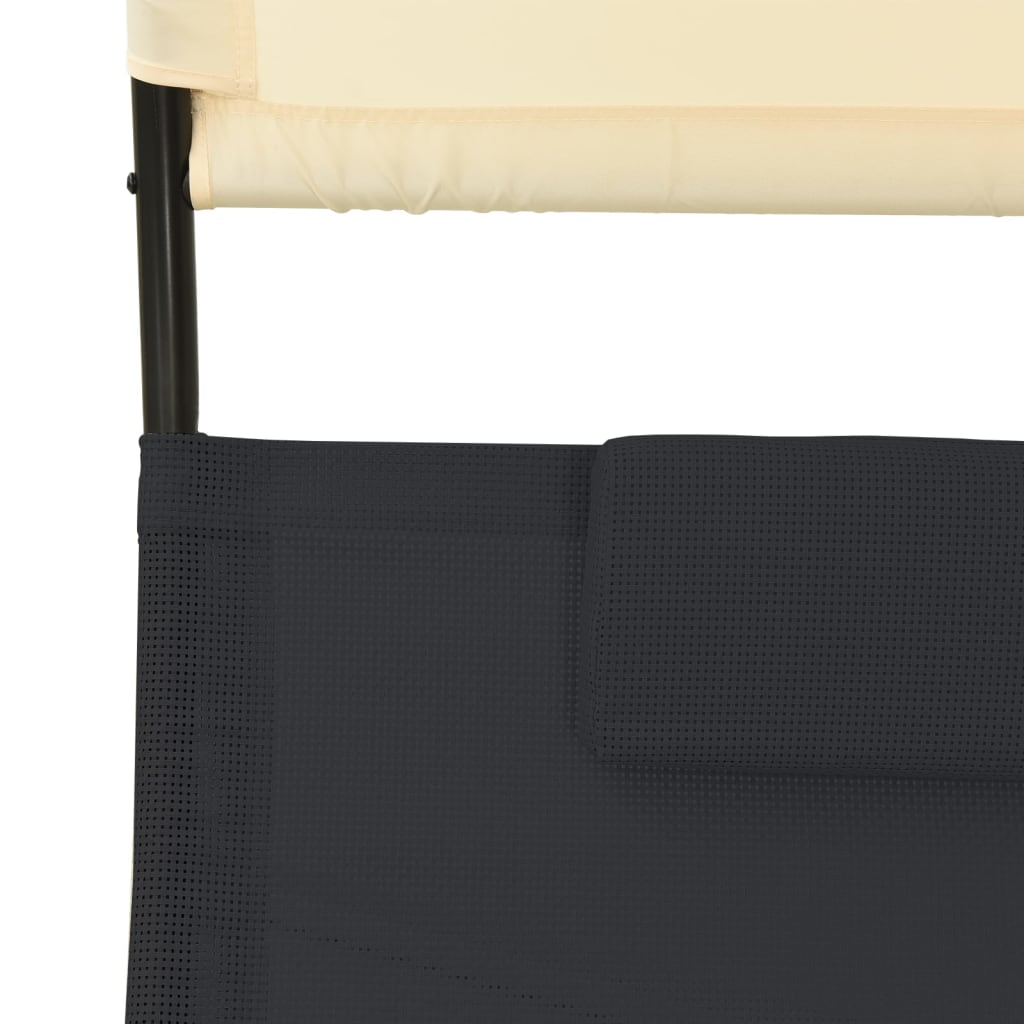 Double Sun Lounger with Canopy Textilene Black and Cream