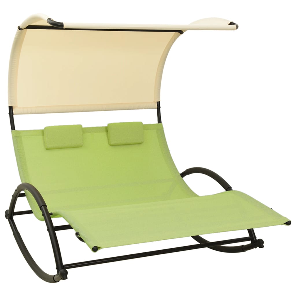 Double Sun Lounger with Canopy Textilene Green and Cream