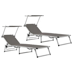 Folding Sun Loungers with Roof 2 pcs Aluminium&Textilene Grey