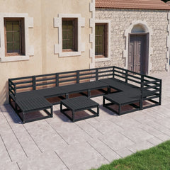 10 Piece Garden Lounge Set Black Solid Pinewood