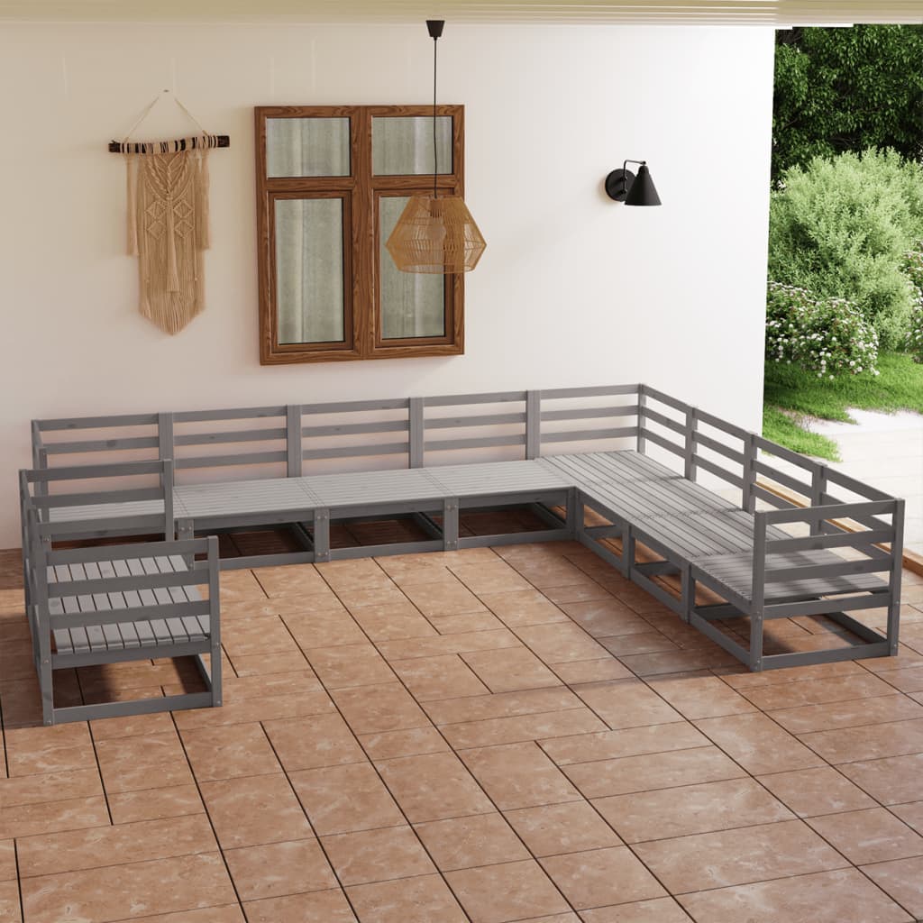 10 Piece Garden Lounge Set Grey Solid Pinewood