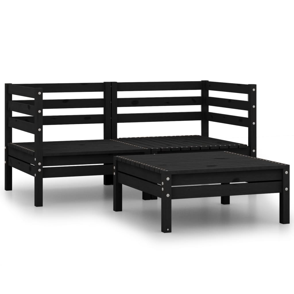 3 Piece Garden Lounge Set Black Solid Pinewood