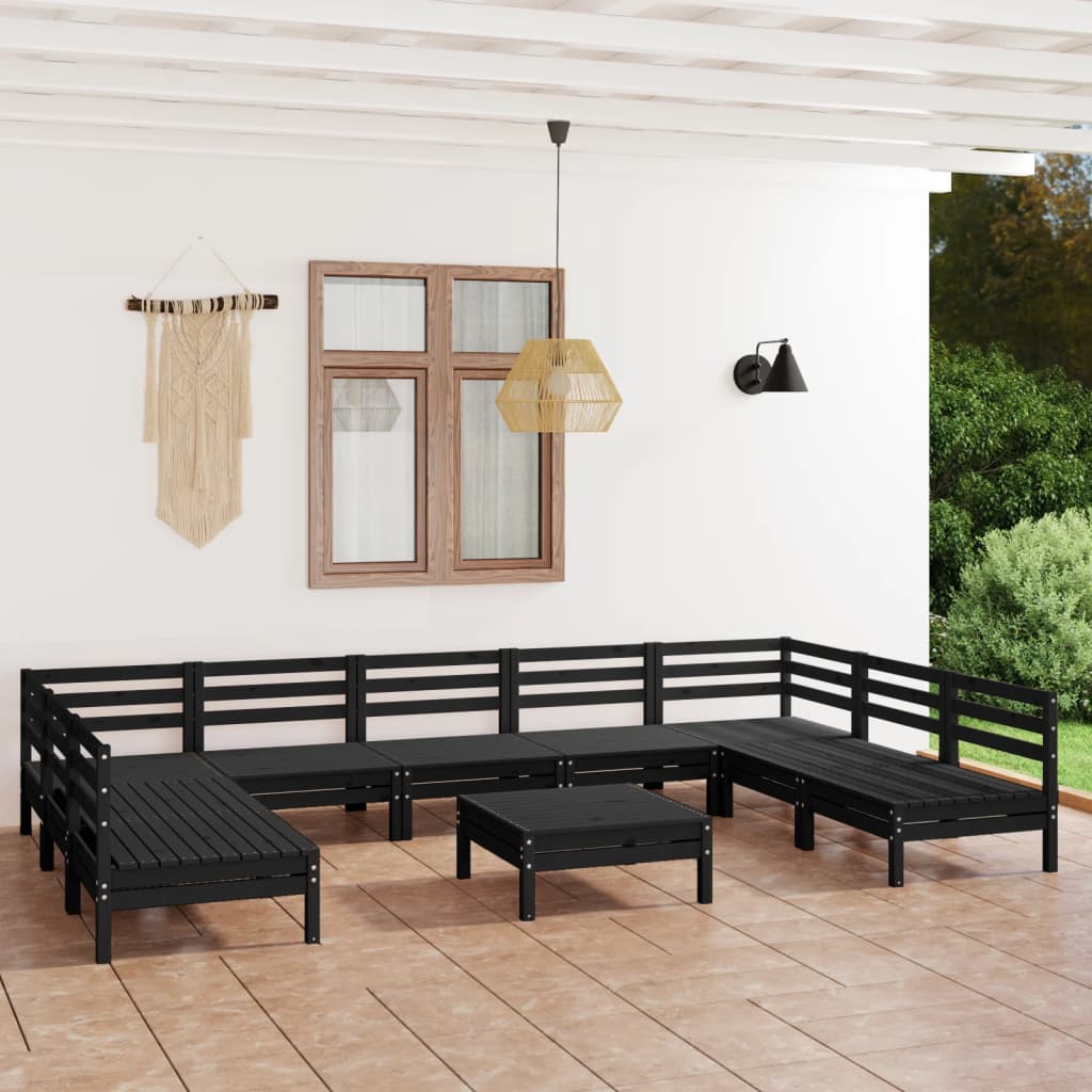 10 Piece Garden Lounge Set Black Solid Wood Pine