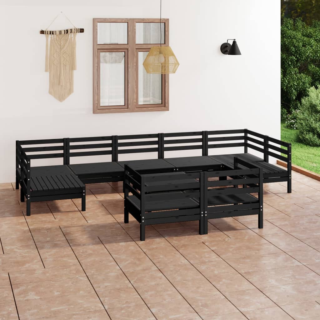 10 Piece Garden Lounge Set Black Solid Wood Pine