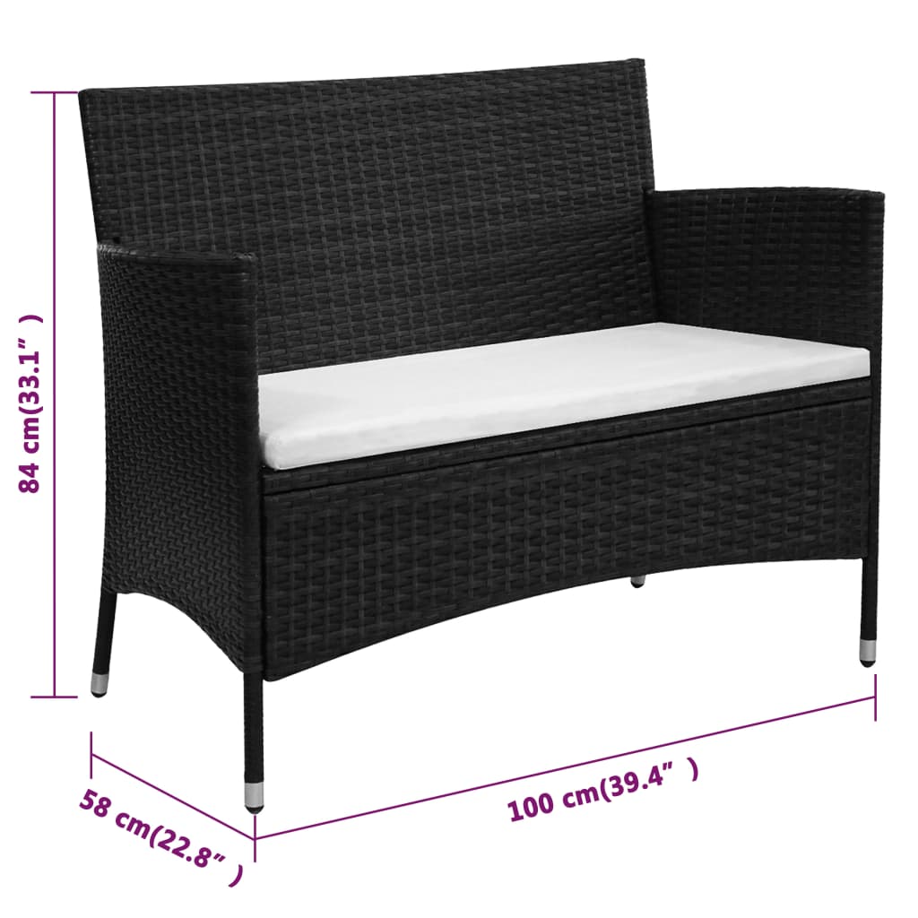 Garden Bench with Cushion Poly Rattan Black