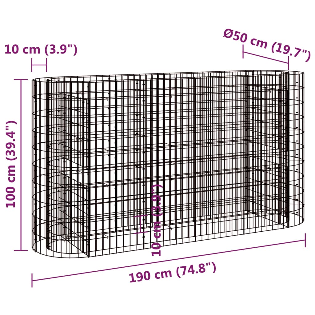 Gabion Raised Bed Galvanised Iron 190x50x100 cm