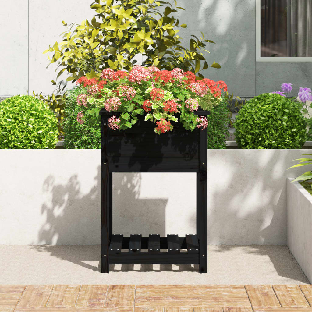 Planter with Shelf Black 54x54x81 cm Solid Wood Pine